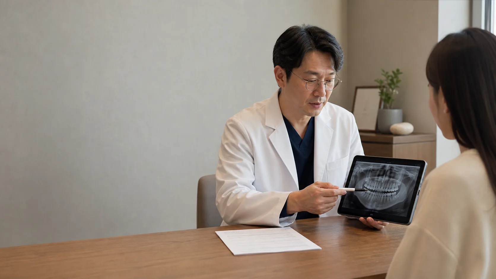 Korean dentist explaining a dental x-ray during a quiet consultation