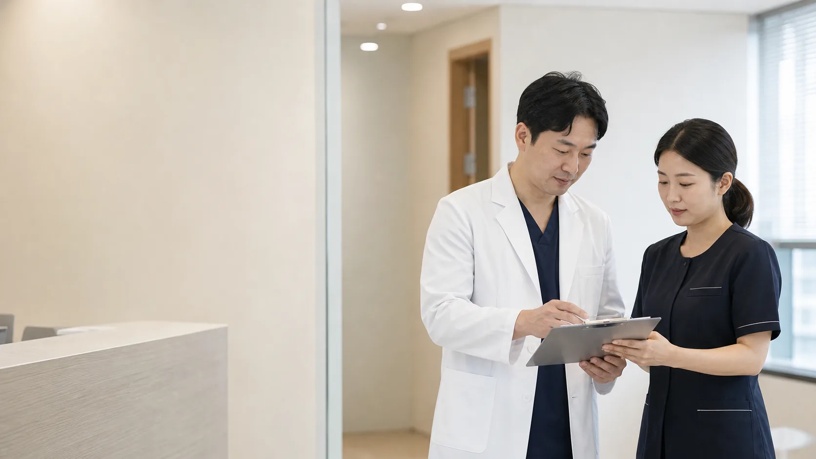 Korean dentist reviewing a care plan with a clinic team member in a professional dental clinic